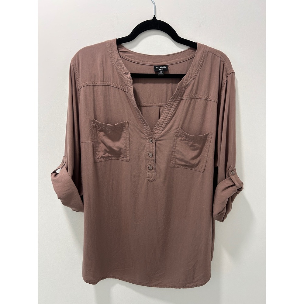 Torrid Harper Mauve Brown Roll Tab Sleeve V-Neck Blouse Top Plus Size 2 2X